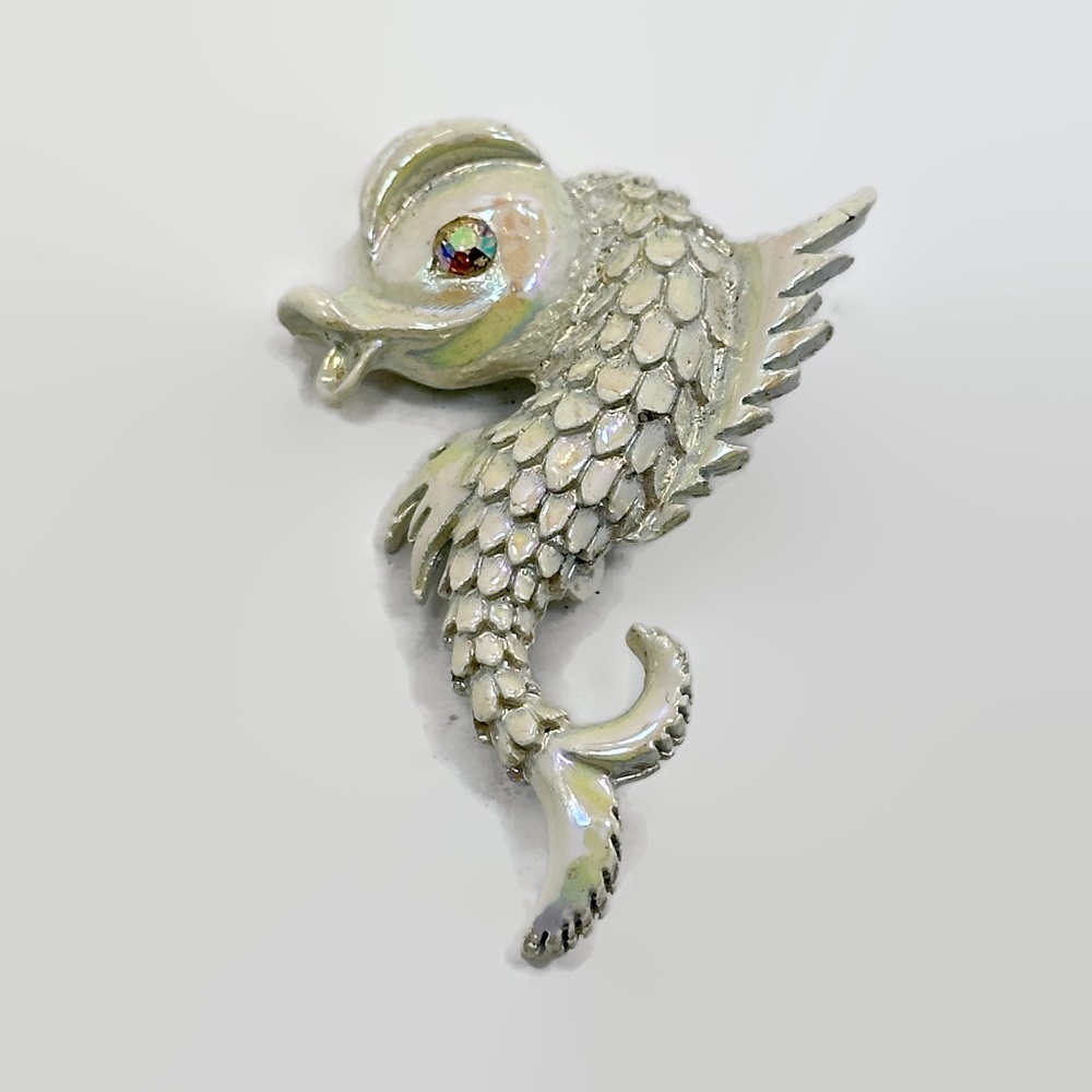 Fish Brooch, 50s, Rhinestone, Iridescent White, Mid Century, Figural, Vintage